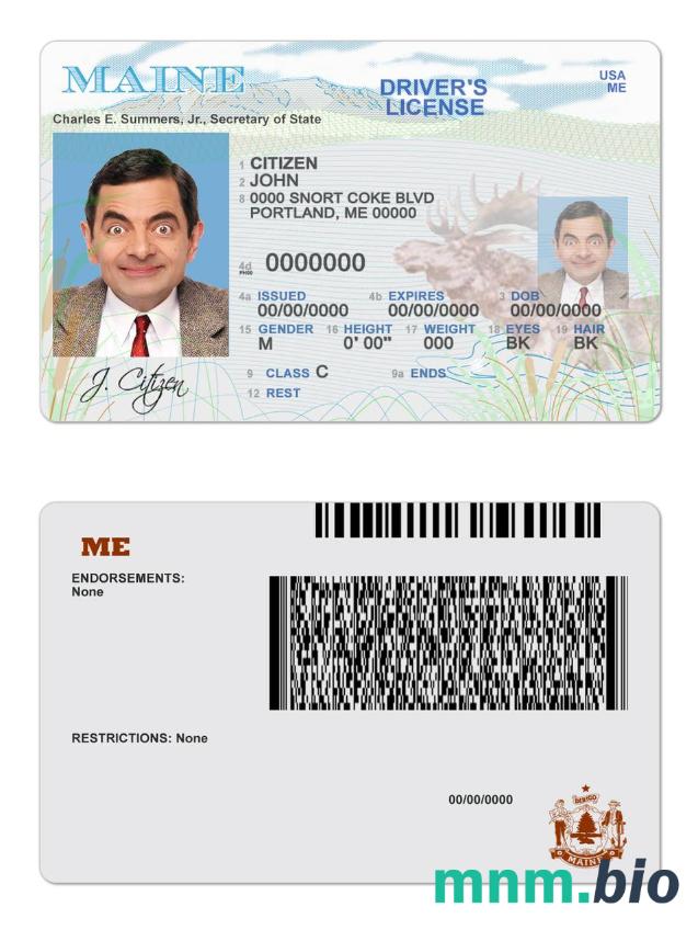 Szablon prawa jazdy stanu Maine w USA w formacie PSD, ze wszystkimi czcionkami
